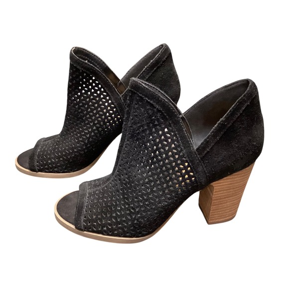 Lucky Brand Livey Black Suede Perforated Open Toe Block Heel Booties 8M Boho EUC - Picture 2 of 9